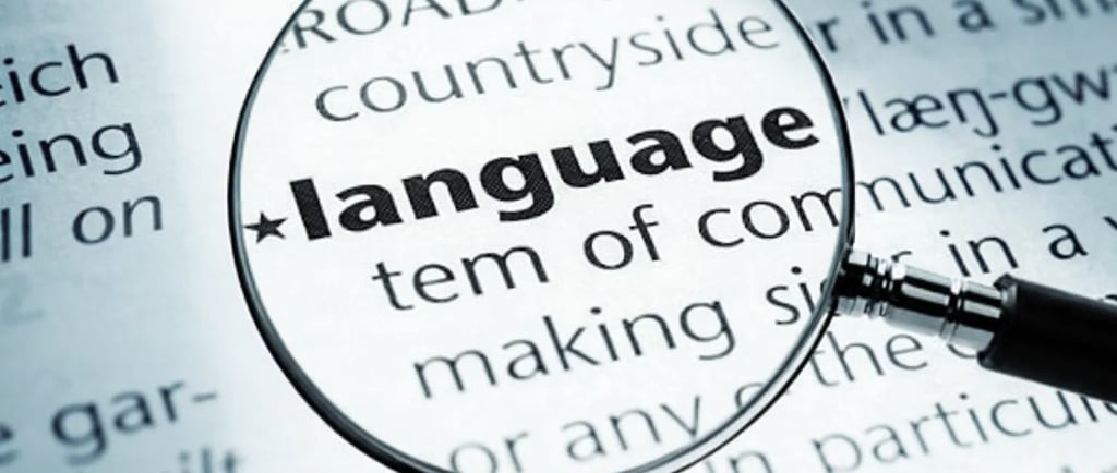 A magnifying glass focusing on the word language in a dictionary definition.
