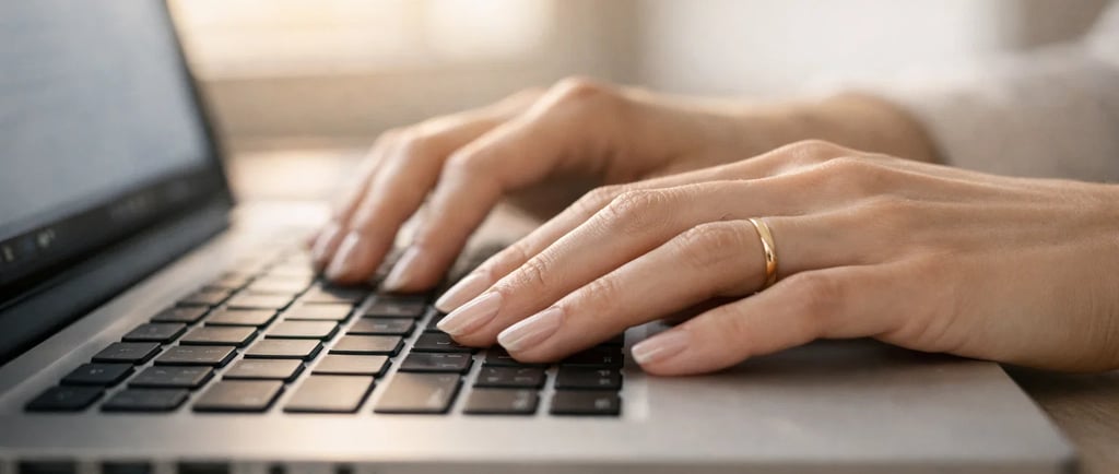 Close-up of a person's hands with a wedding ring typing on a laptop keyboard in a bright office.