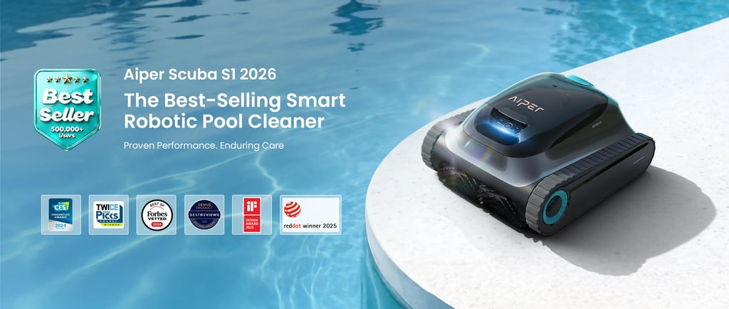 Aiper Scuba S1 2026 smart robotic pool cleaner sits poolside by clear blue water with award logos.