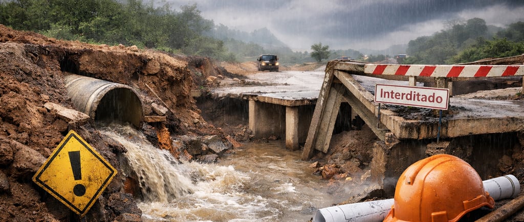 Bueiro de drenagem rompido após chuva intensa causando erosão e colapso de estrada rural,