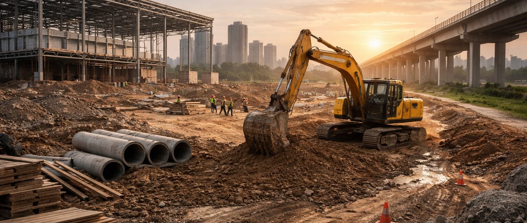 Canteiro de obras com escavadeira em operação, trabalhadores com EPI e estrutura metálica de galpão 
