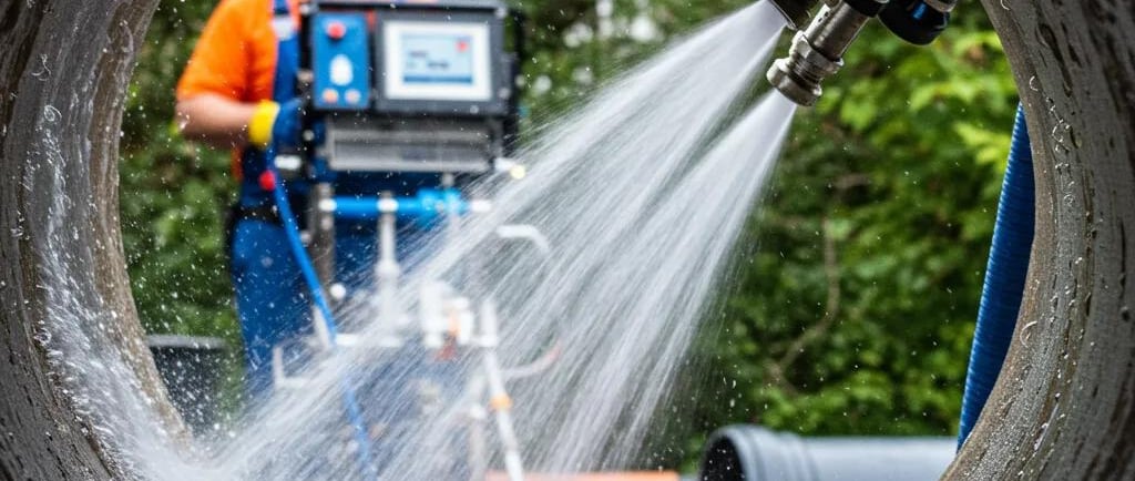 Technician performing hydro-jetting to clean a clogged drain in Montreal