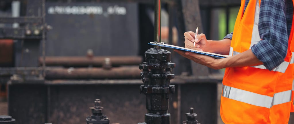 Plumber in safety vest inspecting industrial drain pipes and taking notes on a clipboard