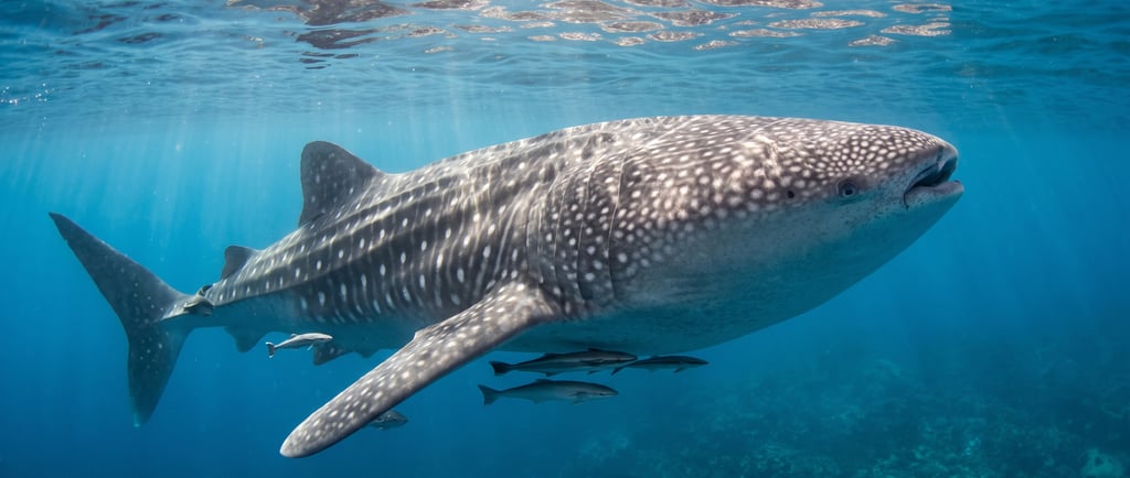 Maior tubarão do mundo nadando em águas cristalinas do oceano tropical