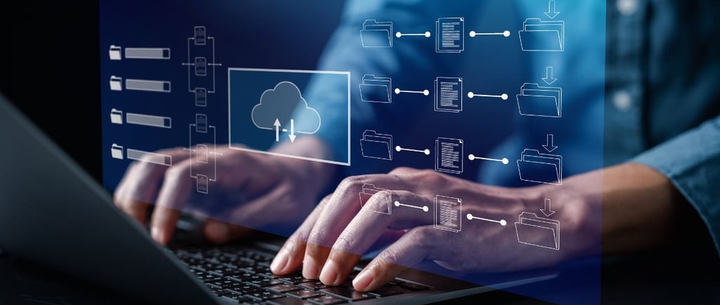 A person using a laptop computer with a cloud computing covering the topic LMS Migration Made Easy