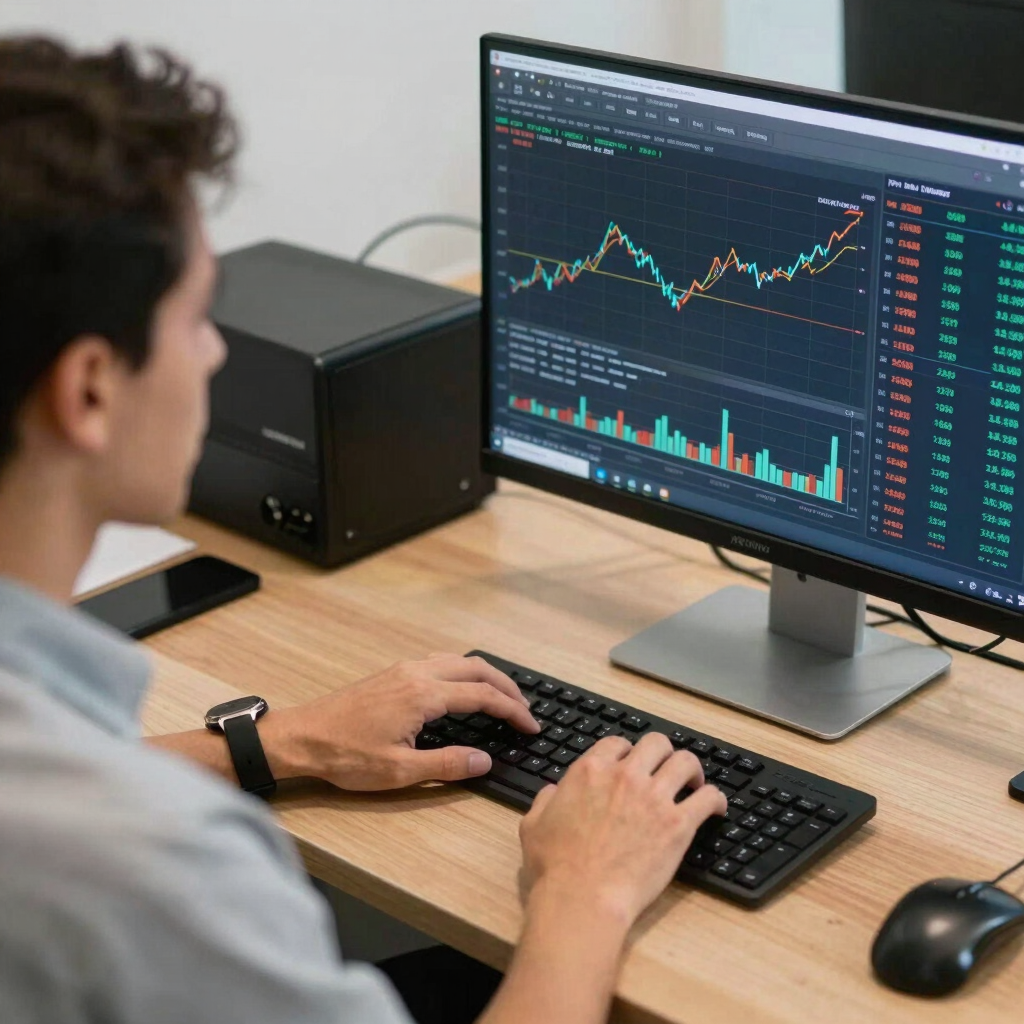 A man analyzes real-time stock market data and line charts on a computer monitor for day trading.
