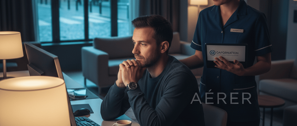 "Illustration de la formation PSSM d'OAFormation à Lyon : une professionnelle accompagne un veilleur de nuit solitaire, souli