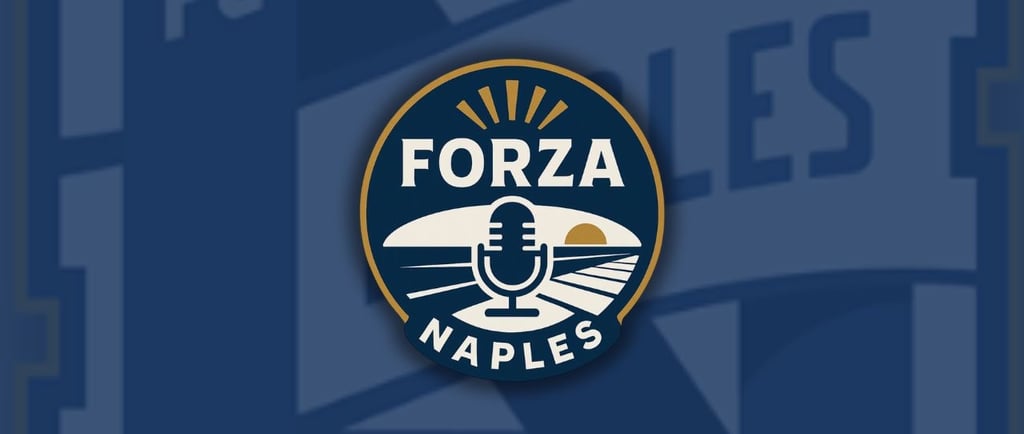 FC Naples' crest overlaid with a blue hue and the Forza Naples Podcast Logo on top, front and center