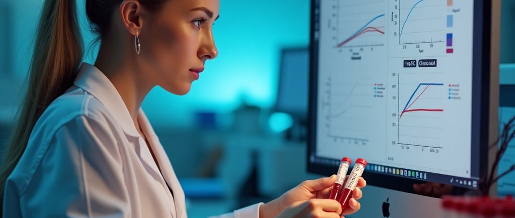 Biomédica analisando índices do hemograma