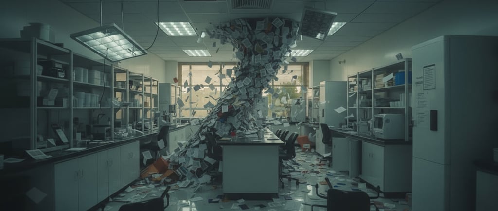 Representação 3D de desorganização em um laboratório