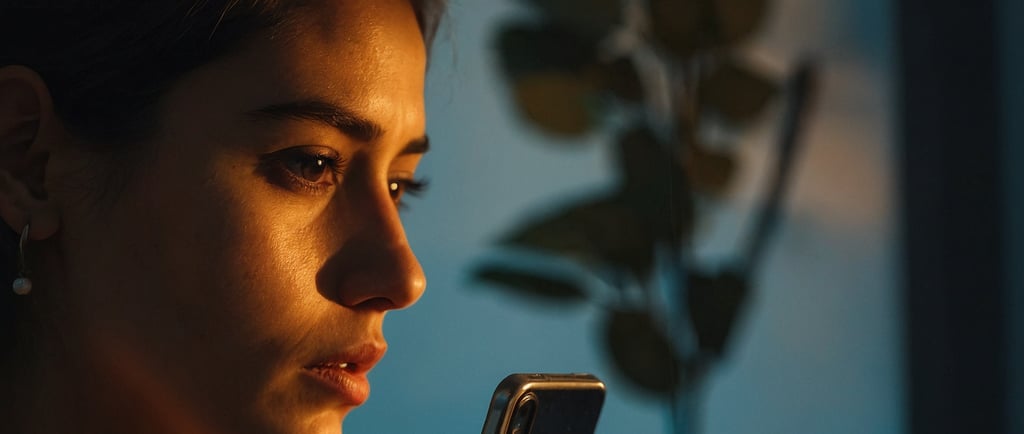 Mulher preocupada com a notícia que acabou de ver