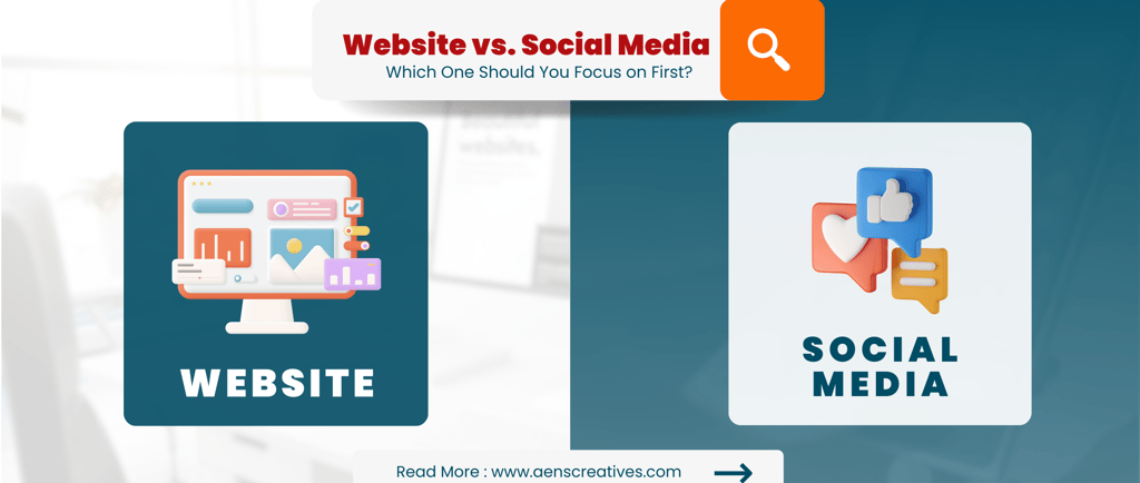 Image comparing "Website" and "Social Media" with icons, asking which to prioritize first, featuring a search prompt and webs
