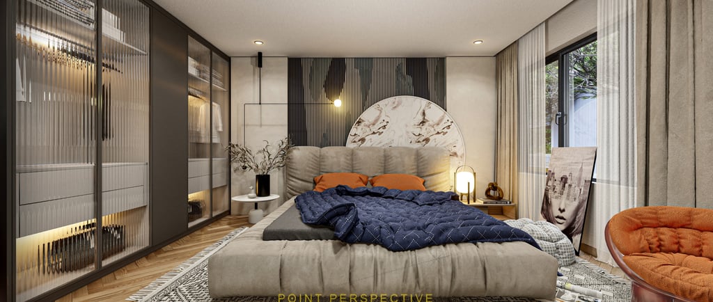 a bedroom with a bed and a chair-3Drendering services