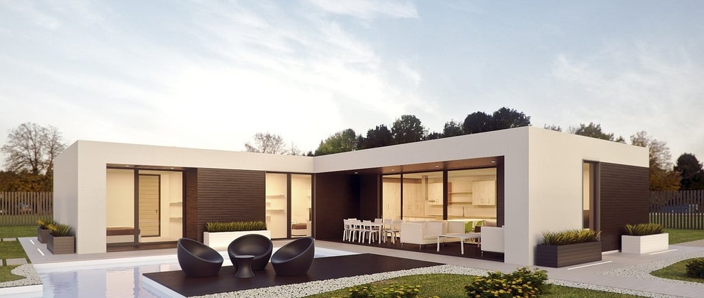 a modern house with a pool and a patio- 3D Rendering services