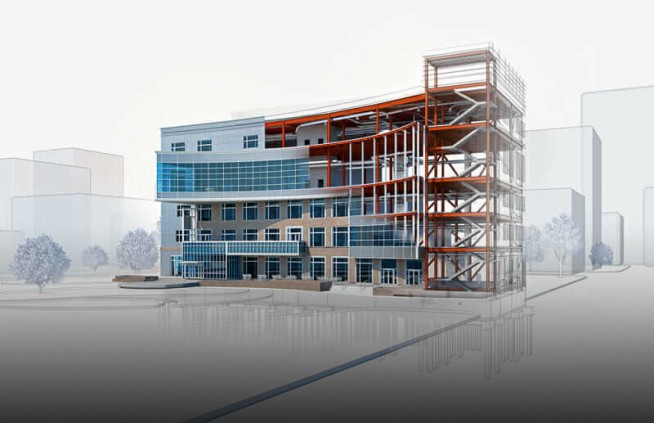 a building with a large building in the background- BIM