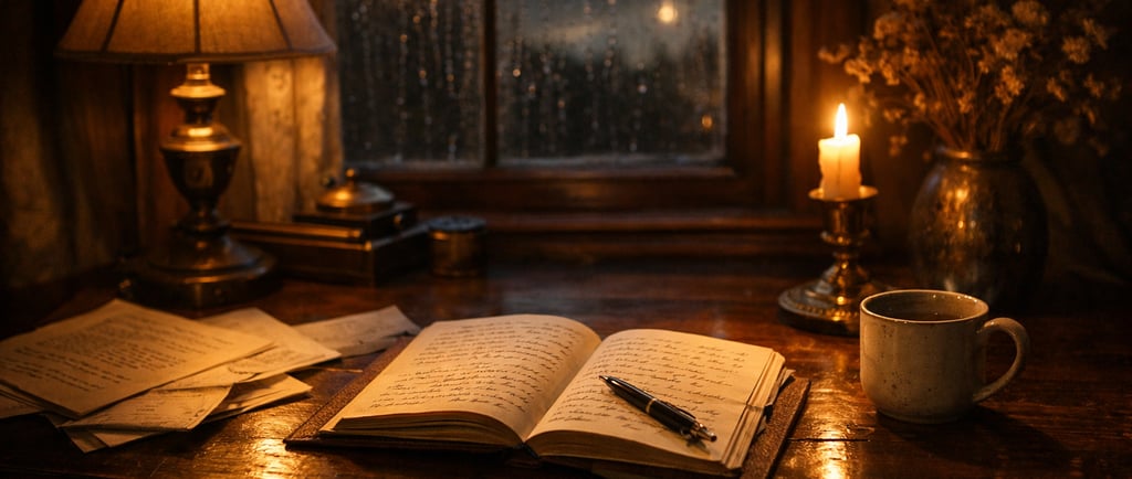 Open journal and candlelit writing desk symbolizing creativity, healing, and inspiration