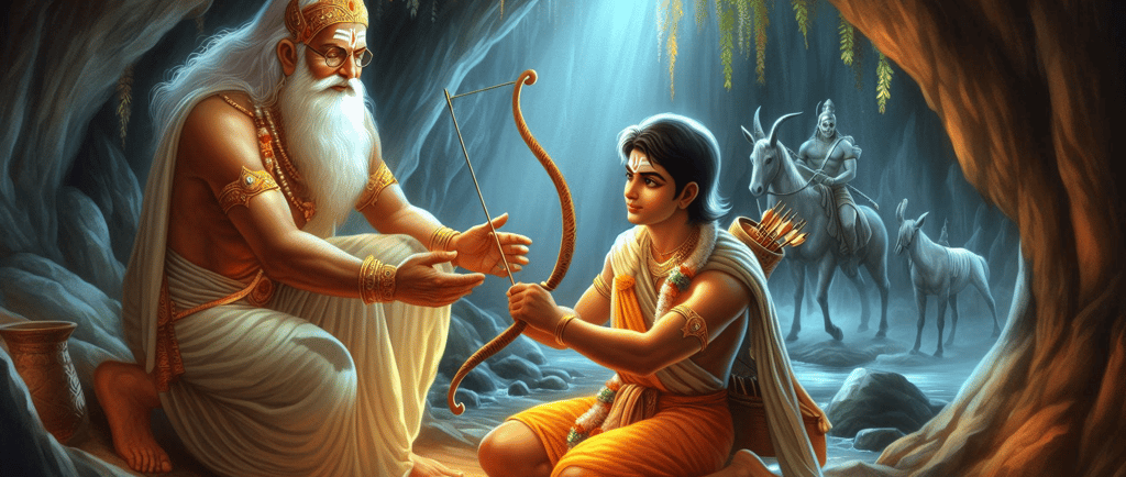 Lord Ram receiving a divine bow from an old sage