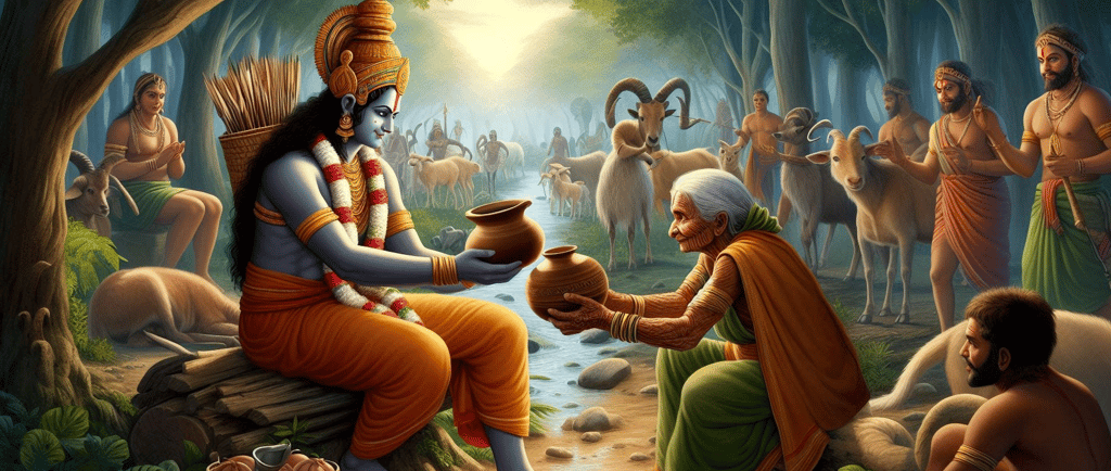 Ram accepting a clay pot of butter from an old tribal lady