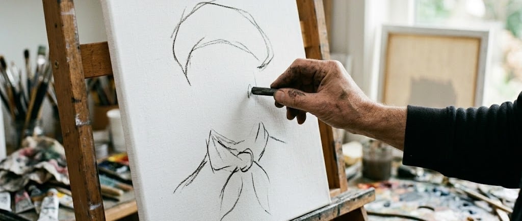 An artist's hand sketching a portrait with charcoal on a white canvas atop a wooden easel.