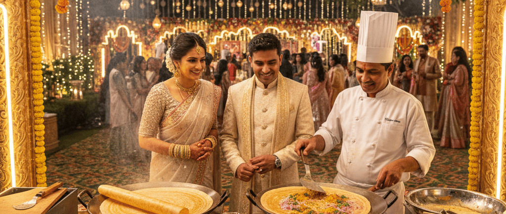 A chef prepares fresh food at a live dosa station for a couple at a luxury Indian wedding reception.