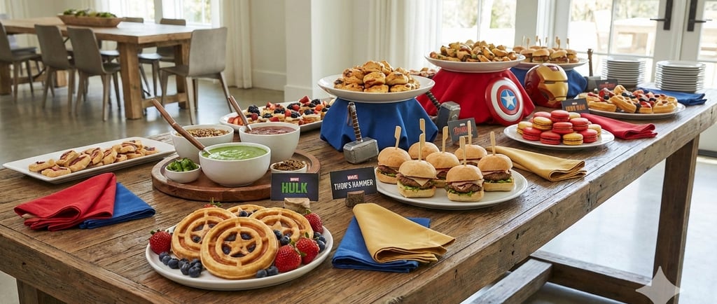 Marvel Avengers themed party brunch featuring Captain America waffles, sliders, and superhero snacks on a wooden table.