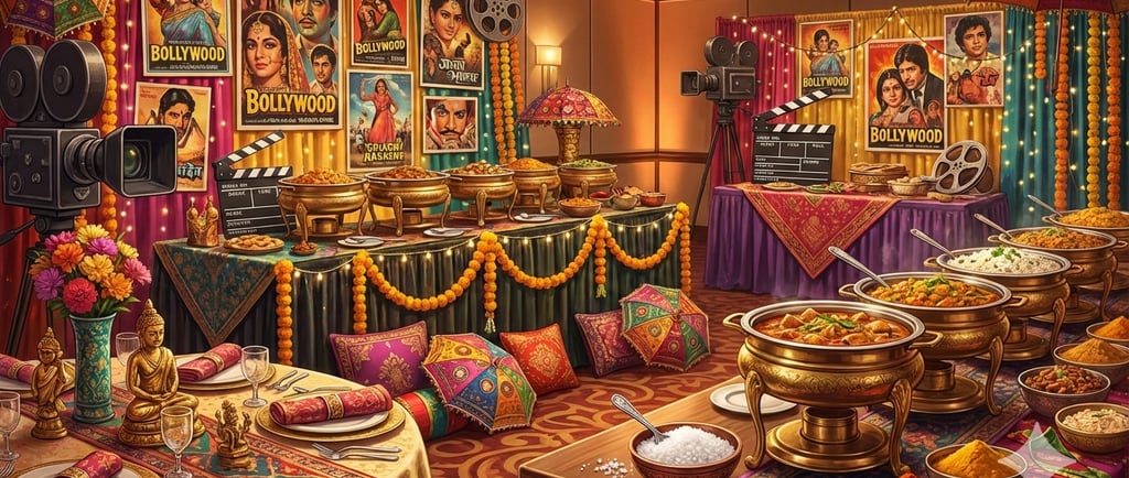Bollywood themed party buffet featuring Indian cuisine, vintage film posters, and cinematic decorations.