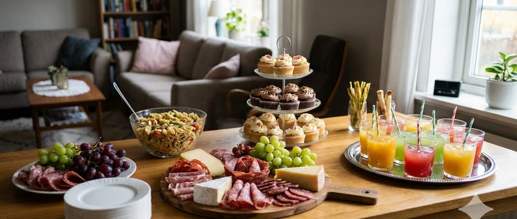 Party catering spread with a charcuterie board, cupcakes, pasta salad, and colorful juice drinks.