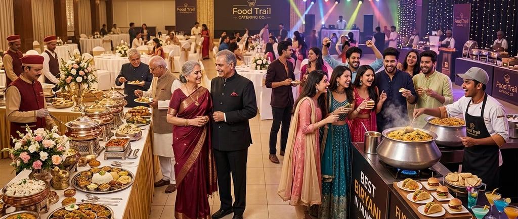 Professional Indian wedding catering service serving biryani and fusion food at a luxury marriage banquet.