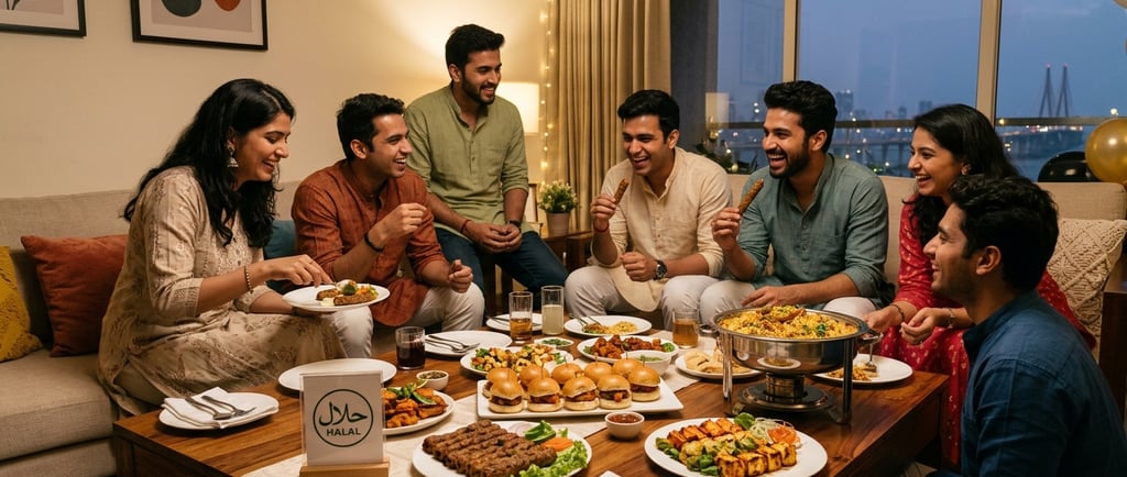 Friends enjoying a halal catering spread of sliders, kebabs, and biryani at a home dinner party.