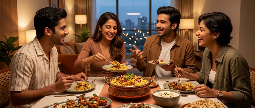 Friends enjoying a traditional Indian dinner party with biryani, kebabs, and naan at home.