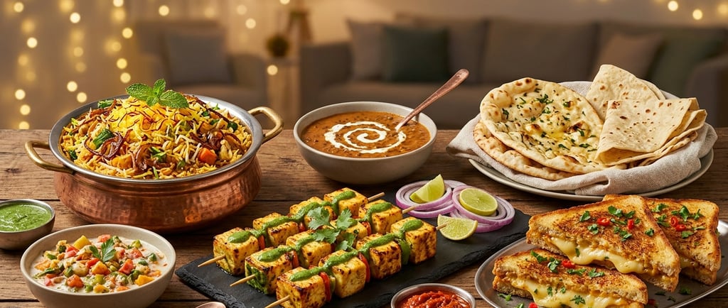 Indian feast with vegetable biryani, paneer tikka skewers, dal makhani, and naan bread on a table.