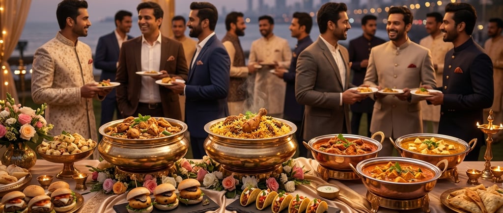 Elegant outdoor Indian wedding catering buffet featuring chicken biryani, curry, and sliders with guests in traditional