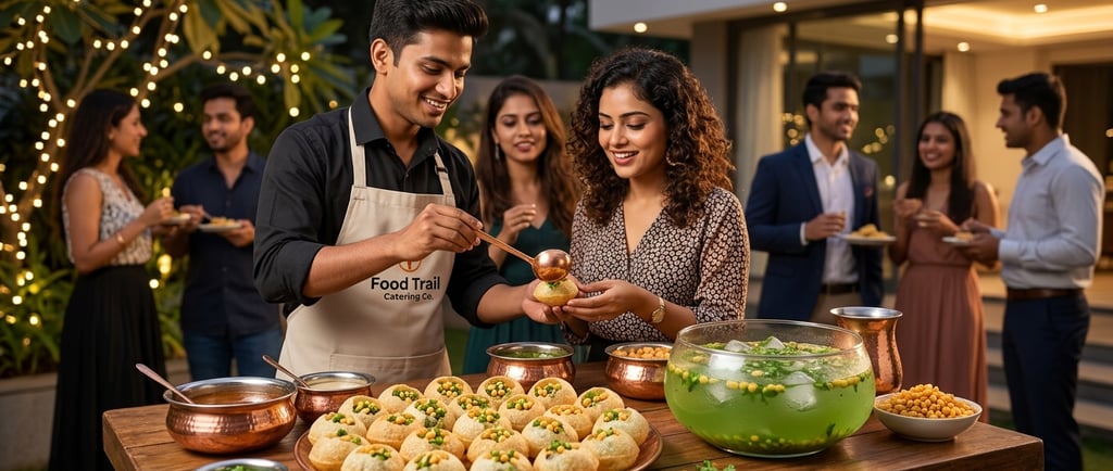 Professional catering service serving fresh pani puri to guests at an outdoor evening garden party.