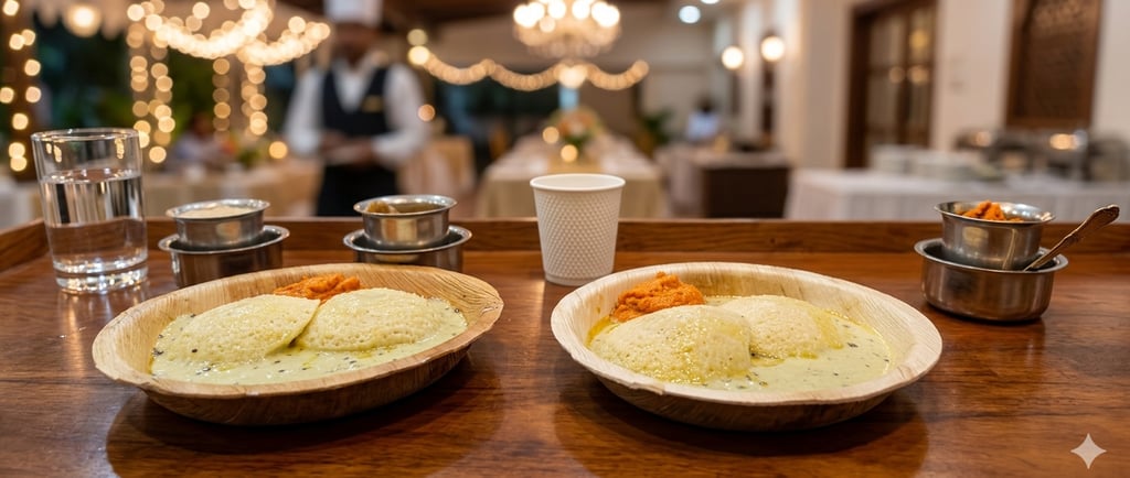 Best Traditional South Indian idli served with coconut chutney and sambar at a luxury buffet event.