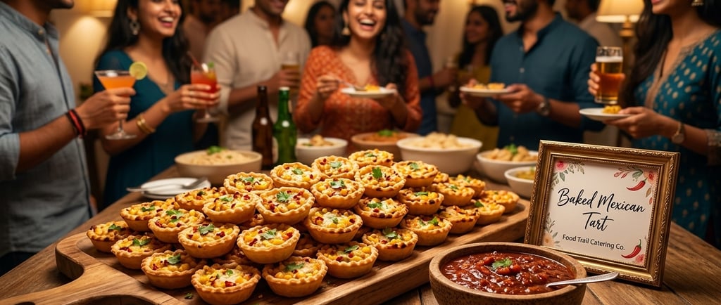 A platter of baked Mexican tarts served at a festive dinner party catering event with guests.