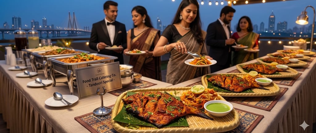 Guests enjoying a luxury Indian food catering buffet with Tandoori pomfret and Mumbai skyline views.