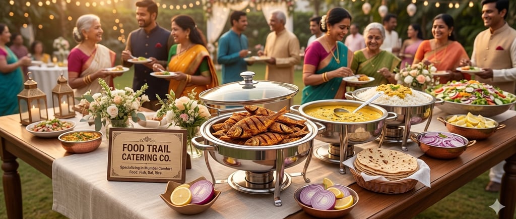 Guests enjoying an outdoor Indian wedding buffet featuring fried fish, dal, and rice catered by Food Trail Catering Co.