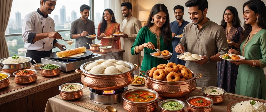 Professional chef serving South Indian breakfast buffet with idli, vada, and dosa to a group of people.