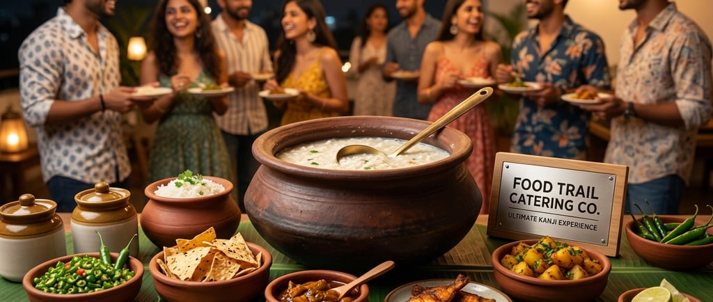 Food Trail Catering Co serving traditional Kanji porridge and side dishes at a festive night party.
