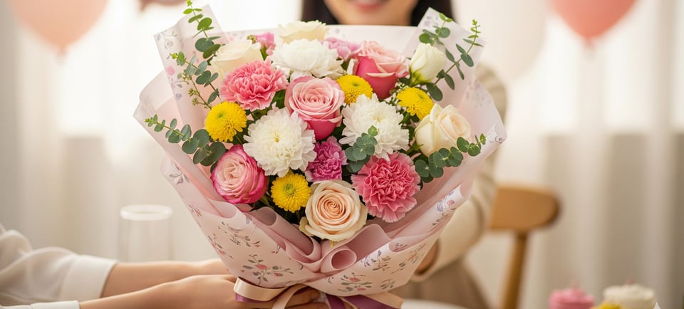 a woman holding a bouquet of flowers in front of a table