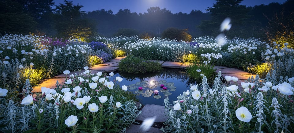 a garden with a pond and a full moon