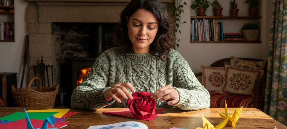a woman is sitting at a table with a paper origamion