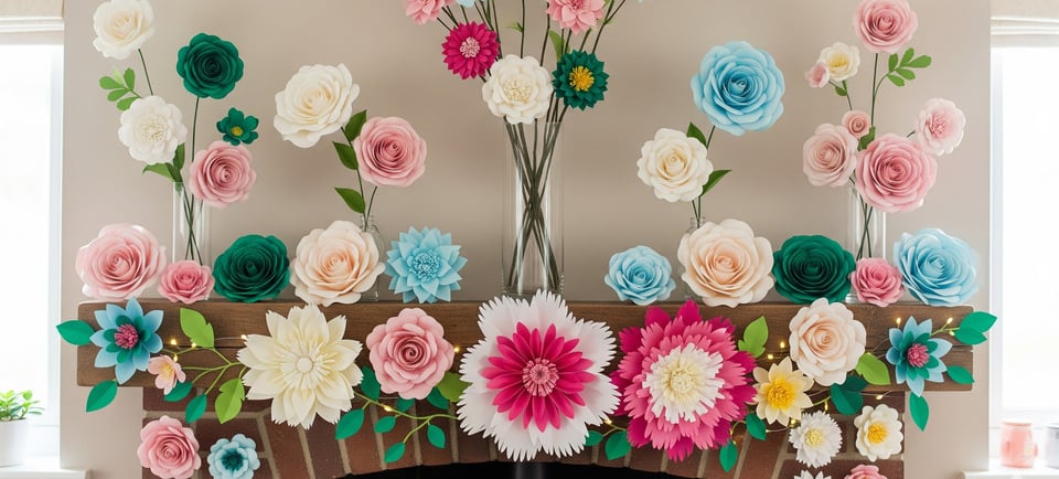 a fireplace with paper flowers on a mantle mantle