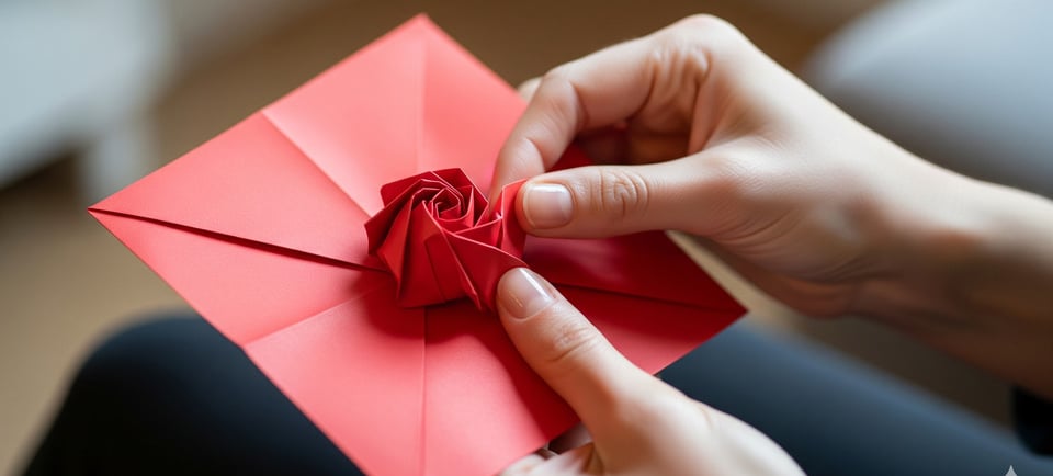 a person holding a red paper rose on a red background