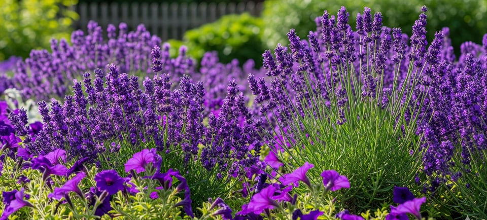 a garden with purple flowers and a white picket fence