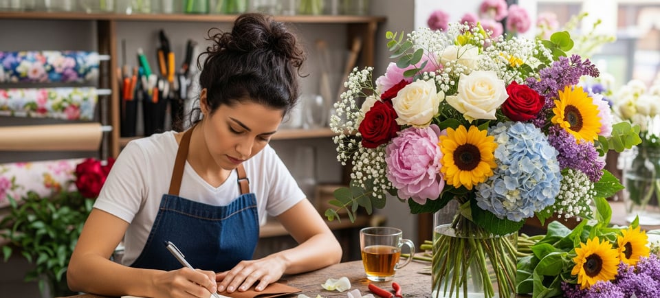 a woman in a blue apron and aprons is writing on a notebook