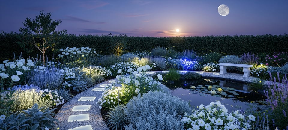a garden with a path leading to a pond