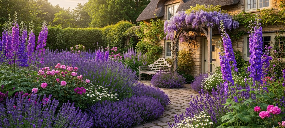purple flowers and plant garden with a bench and a bench in the middle of a garden