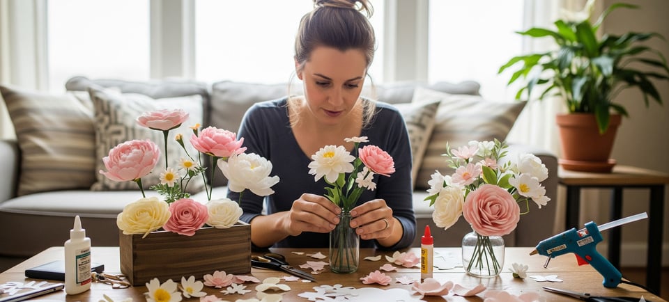 a woman is sitting at a table with flowers