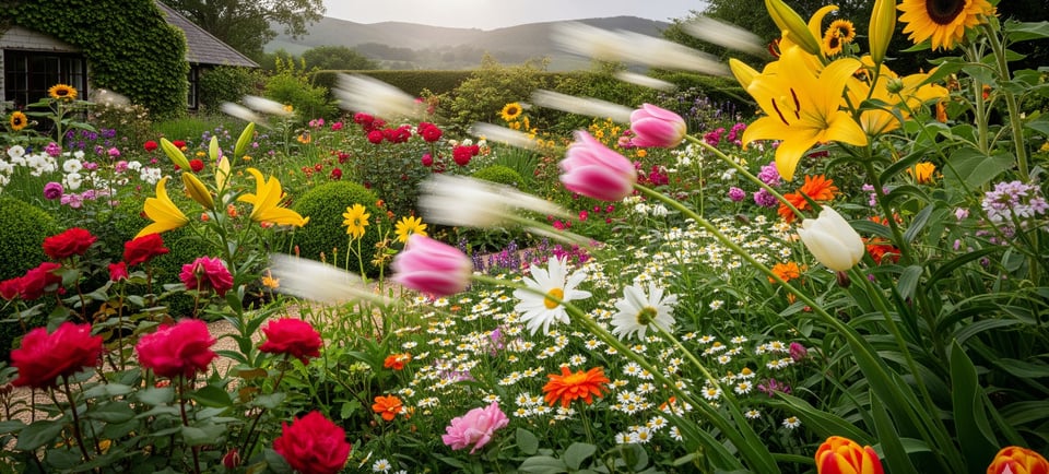 a garden with popular flowers and a house in the background